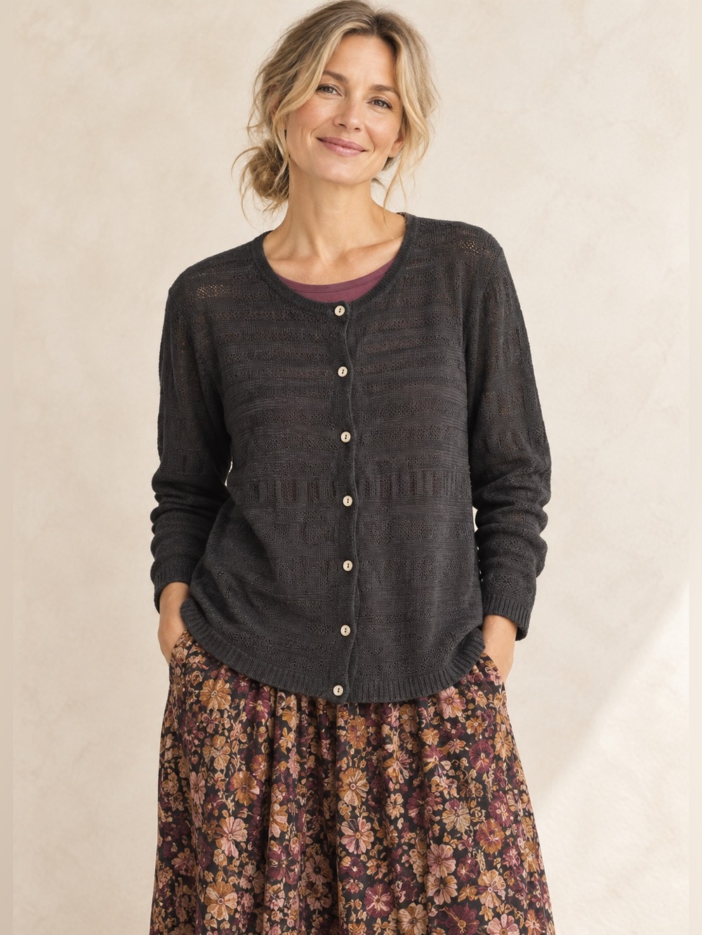 Gudrun Sjoden Black 100% Linen Open Knit Cardigan Sweater Size Large